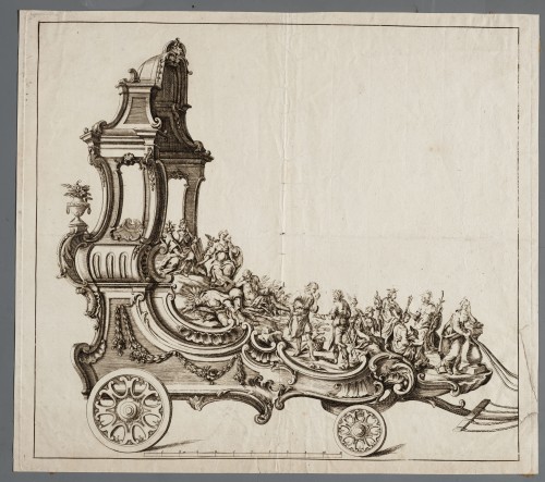 Ornamentprent. Triomfwagen voor het duizendjarige jubilileum van de heilige Rumoldus van Mechelen.